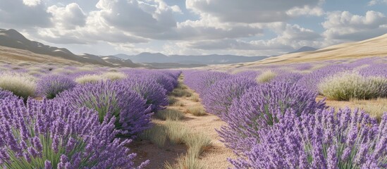 Obraz premium Lavender fields in full bloom with vibrant purple flowers under a blue sky, surrounded by arid landscape, showcasing aromatic farming techniques