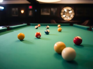  A Close Up View of the Pool Table with a Brilliant Break Shot, Balls Scattering Across the Felt Surface in the Dimly Lit Hall