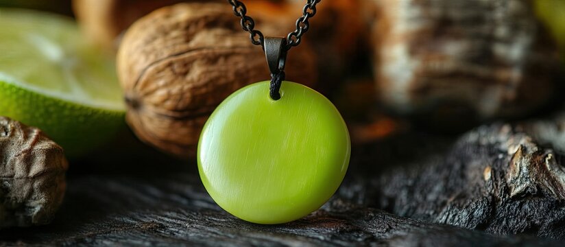 Lime tagua nut necklace showcased on dark textured surface with walnuts and lime slices, highlighting organic and animal-friendly accessories