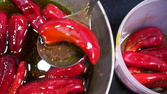 Homemade Stuffed Red Chili Pickle. 
