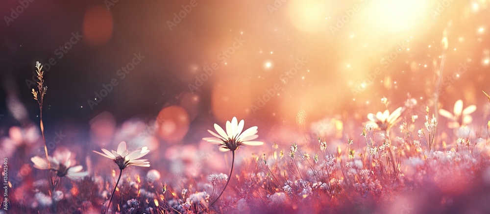 Poster Spring meadow with daisies under warm golden sunlight, soft bokeh effect creating a dreamy atmosphere, horizontal close-up with vibrant colors.