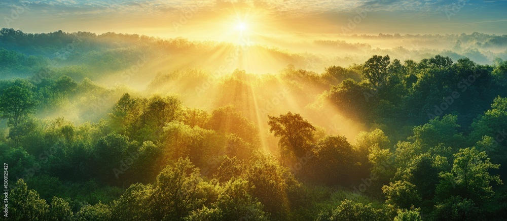 Aufkleber aerial view of a lush green forest bathed in warm golden sunlight with rays breaking through misty c