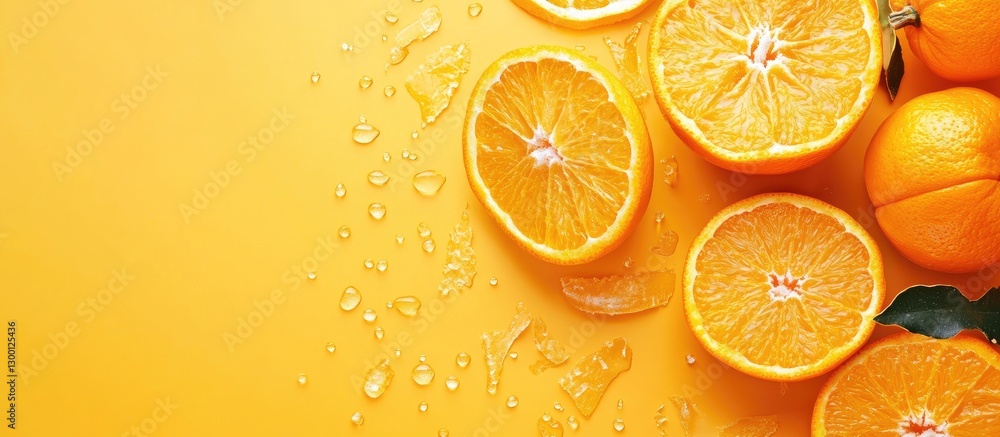 Poster Autumn themed top view image featuring bright orange oranges and sliced segments on a vibrant yellow background with empty space for text.