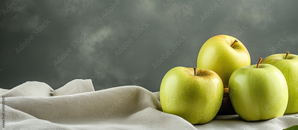 Poster Fresh green apples arranged on a light gray cloth with a textured, muted gray background creating a calm and elegant composition.