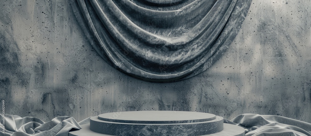 Poster textured gray podium with scaly fabric positioned centrally against a heavy drapery backdrop featuri