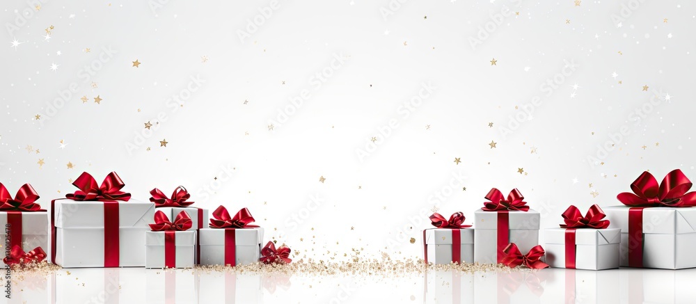 Poster White background featuring neatly arranged Christmas gift boxes with red ribbons and bows on the left, ample space for additional imagery on the right.