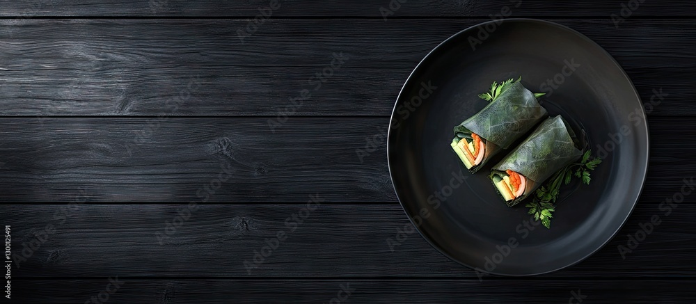 Poster fresh spring rolls elegantly arranged on a stylish black plate atop a dark textured wooden backgroun
