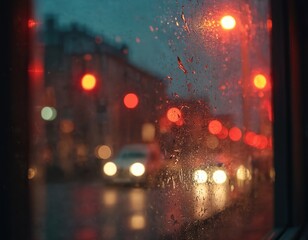 Obraz premium City lights through rainy glass. Night urban landscape with blurred bokeh. Red, yellow, orange lights create moody atmospheric scene. Perfect for background, design, graphic, or retro vibe.
