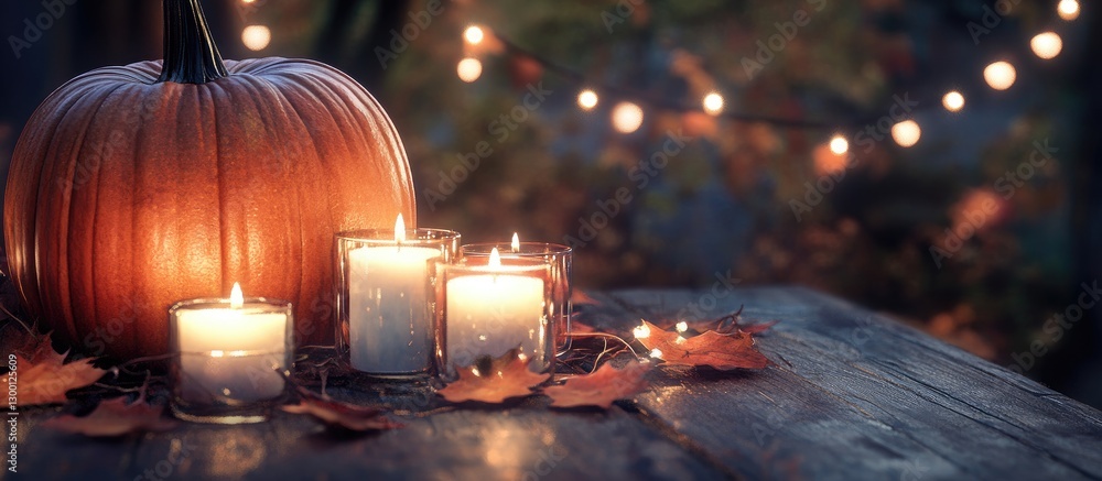 Aufkleber thanksgiving pumpkins in warm orange tone with glowing candles on rustic wooden table surrounded by 