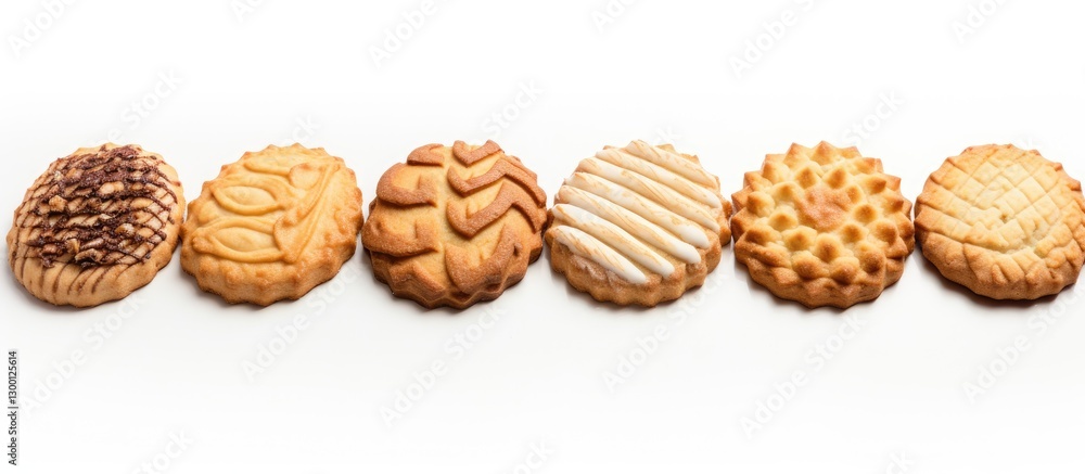 Aufkleber assorted short pastry cookies arranged in a row on a bright white background showcasing varied textu