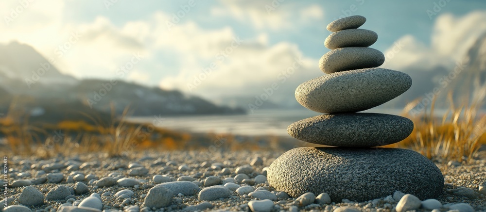 Aufkleber balanced stack of smooth gray zen stones on a sunlit pebble beach with soft golden grasses and a ser
