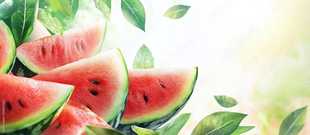 Aufkleber vibrant slices of ripe watermelon with green leaves arranged on a white background creating a fresh 