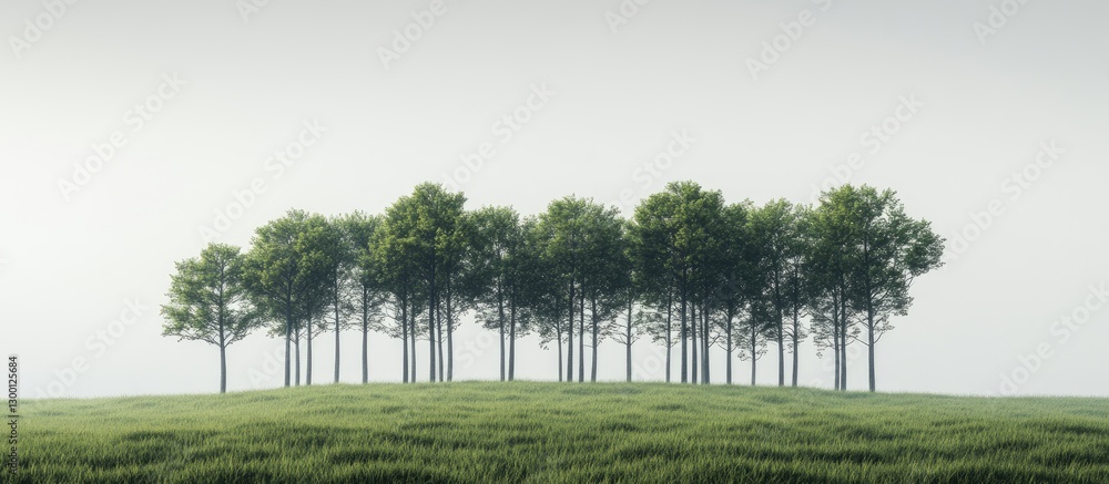 Fototapete lush green trees in a row on a gentle hilltop against a soft gray backdrop with grass in the foregro