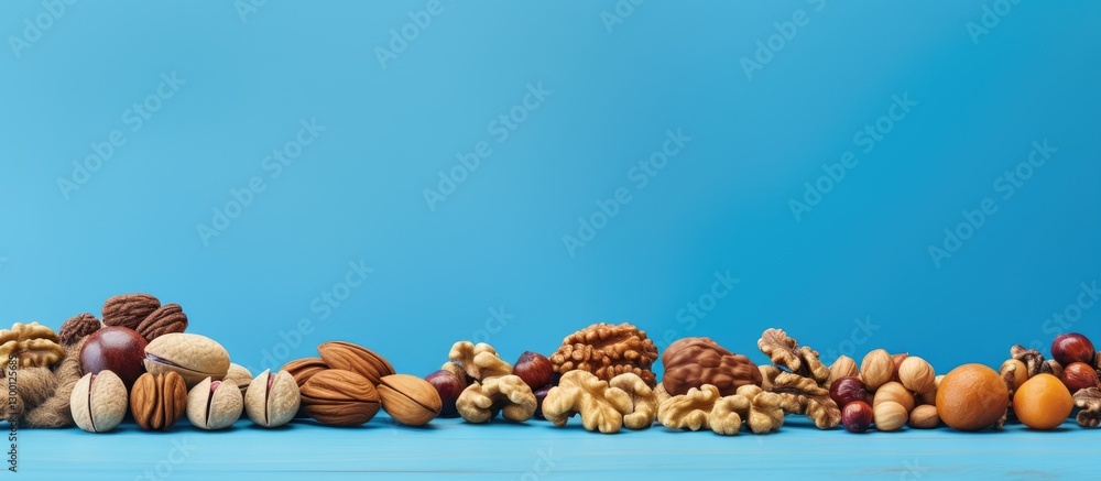 Poster nuts and eggs beautifully arranged against a vibrant blue background with ample copy space on the ri