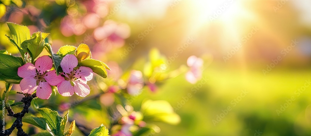 Poster sunlit cherry blossom branch with soft pink flowers in focus against a vibrant green background and 
