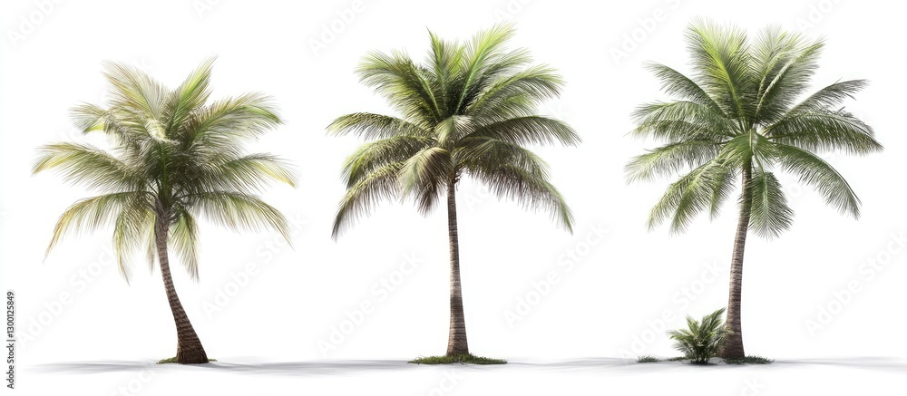 Poster set of three tropical palm trees with lush green leaves isolated on a white background showcasing va