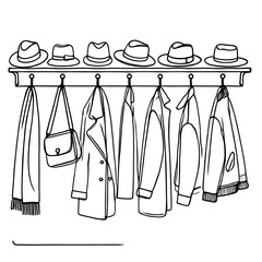 Coat rack with hanging hats and clothes in continuous single line drawing style.