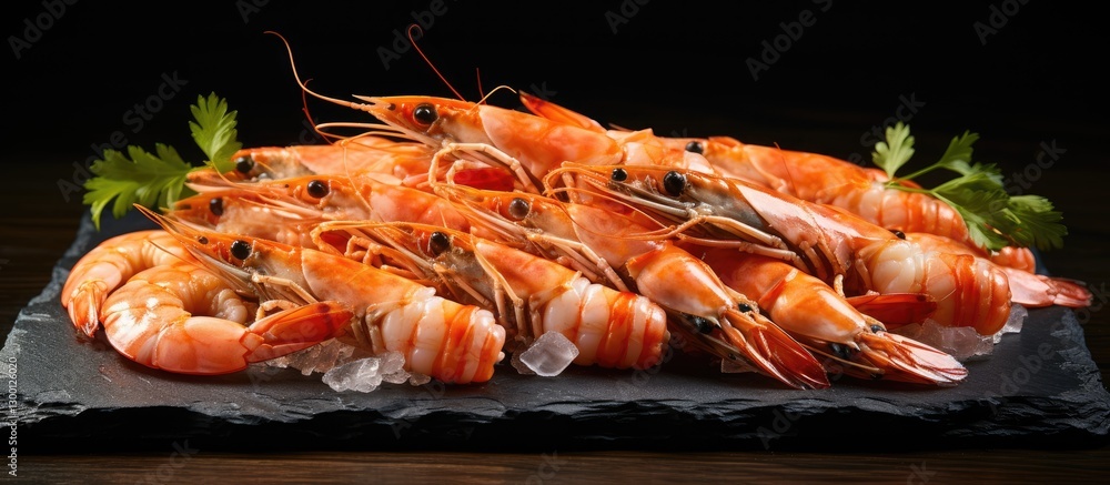 Aufkleber freshly cooked shrimp arranged neatly on a dark slate plate with ice and green parsley accents on a 
