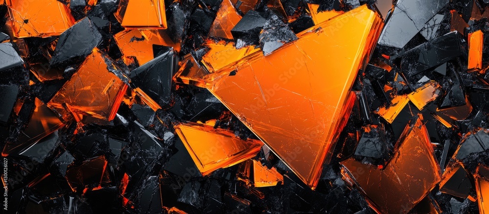 Poster Abstract arrangement of sharp orange and black triangular glass shards scattered across a dark textured surface emphasizing contrast and depth.