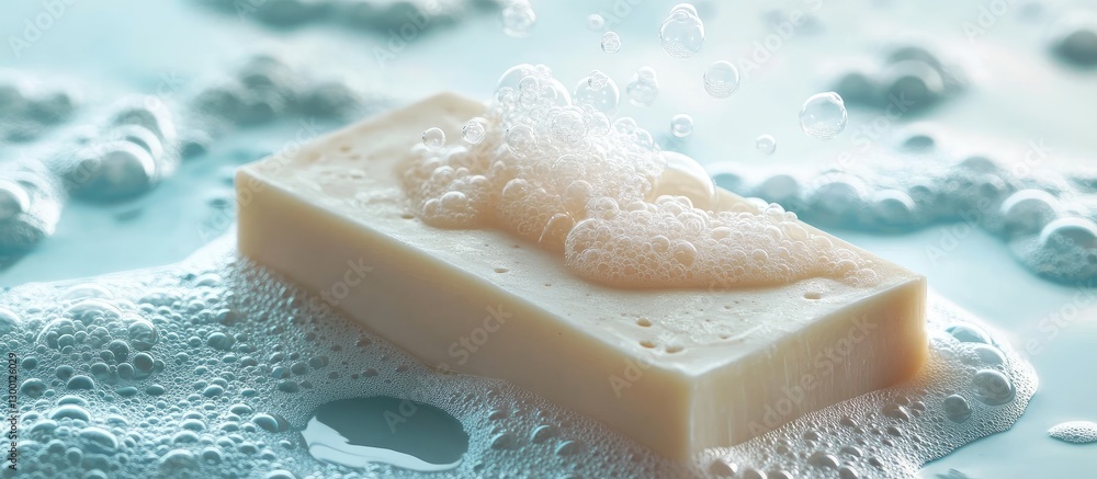 Poster soap bar surrounded by frothy white bubbles on a soft blue background illustrating serenity and clea