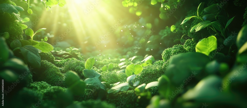 Poster Vibrant green broccoli illuminated by warm sunlight in a lush garden setting enhancing its freshness and vivid color with a soft glowing background
