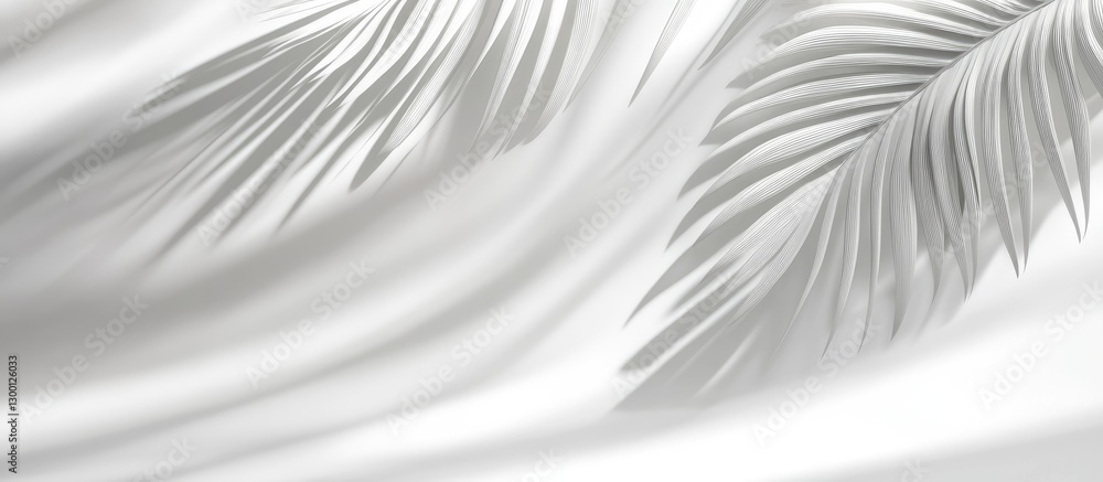 Leinwandbilder Textured white background with soft flowing fabric and delicate shadows of palm leaves in the upper left and lower right corners creating depth.