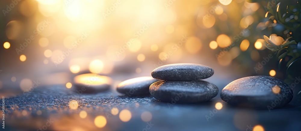 Aufkleber Calm scene of smooth gray stones arranged on a soft surface surrounded by warm golden bokeh lights creating a tranquil nature atmosphere
