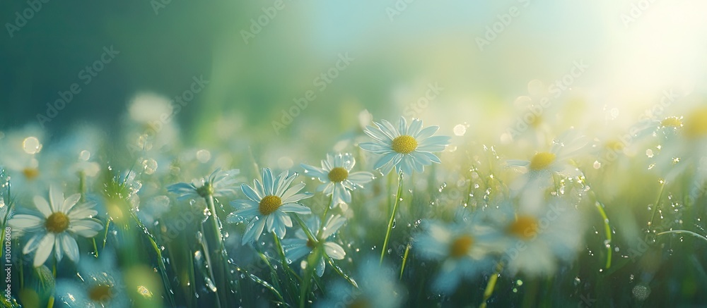 Poster close up of dewy daisies in a lush green meadow bathed in soft sunlight with a vibrant bokeh effect 