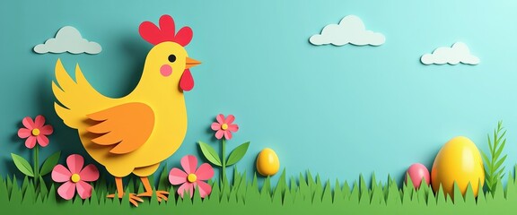 Vibrant Paper Cut Eeaster Scene: Yellow Chicken, Flowers, Eggs, and Calming Sky. A yellow chicken standing in a grassy field surrounded by flowers and eggs.
