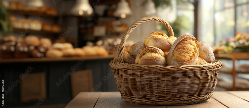 Poster freshly baked bread rolls in a woven basket on a rustic wooden table with a cozy bakery background f