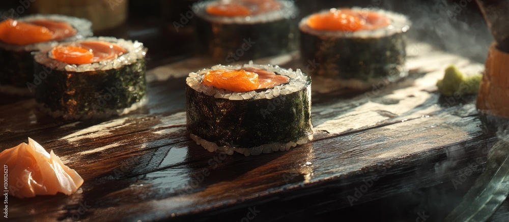 Poster Vibrant sushi rolls elegantly arranged on a dark wooden surface close up with rich colors of salmon and seaweed creating an appetizing visual display