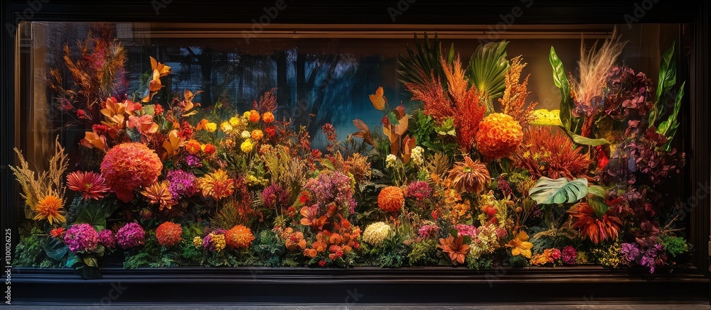 Poster vibrant flower shop window display showcasing a colorful array of seasonal blooms with warm orange, 