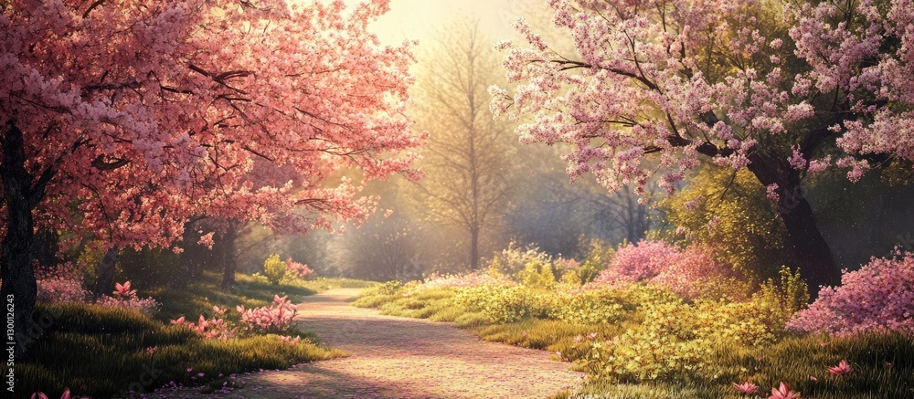 Aufkleber blossoming cherry trees in soft pink hues lining a serene pathway with lush green grass illuminated 
