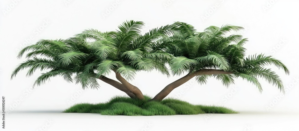 Poster tropical palm trees with lush green fronds and textured brown trunks, positioned symmetrically on a 