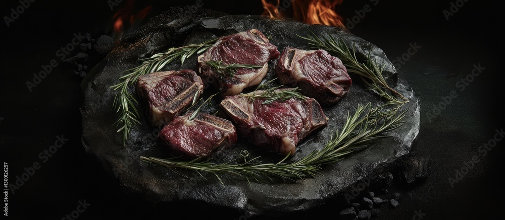 Poster raw meat cuts arranged on a dark stone platter surrounded by fresh rosemary, low light with shimmer 