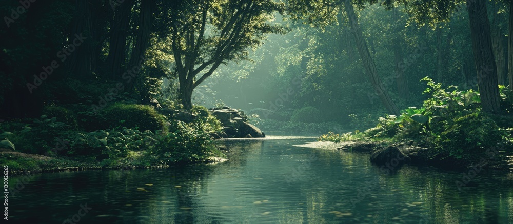 Aufkleber serene forest stream with soft sunlight filtering through lush green foliage, reflecting on calm wat