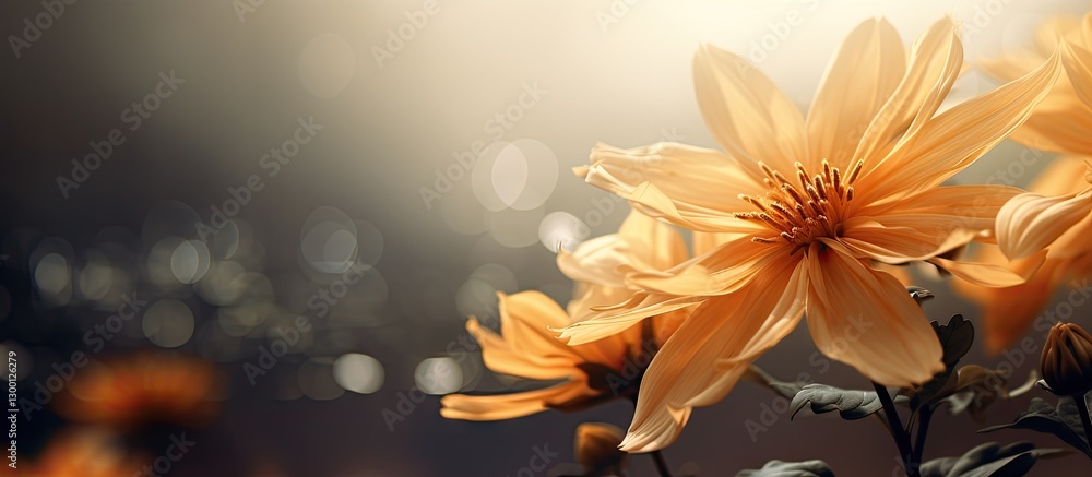 Poster Golden flower close-up against a blurred background with soft bokeh effects highlighting warm yellow tones and ample negative space for text
