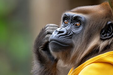 Obraz premium Gorilla deep in thought while wearing a yellow hooded garment in a natural setting