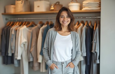Happy young entrepreneur in boutique store. Casual outfit, stylish look, modern design, trendy clothes. Smiling female owner of retail business, fashion designer, shop manager. Independent