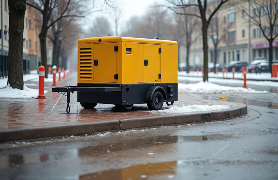 Yellow power supply generator on city street sidewalk. Outdoor portable diesel electric energy generator in Ukraine winter. Blackout crisis support and industrial power supply technology concept.