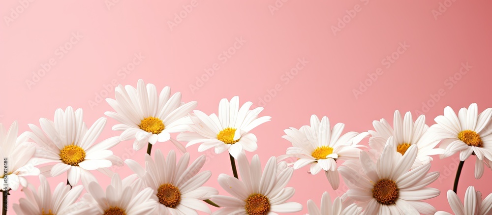 Fototapete sunlit white chamomile flowers arranged along the bottom against a soft pink background creating ser