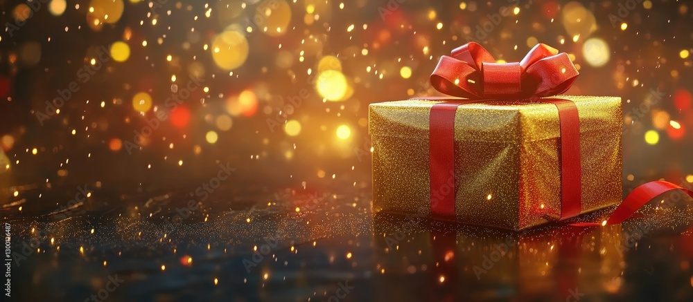 Poster golden gift box with red ribbon resting on a reflective surface illuminated by colorful bokeh lights