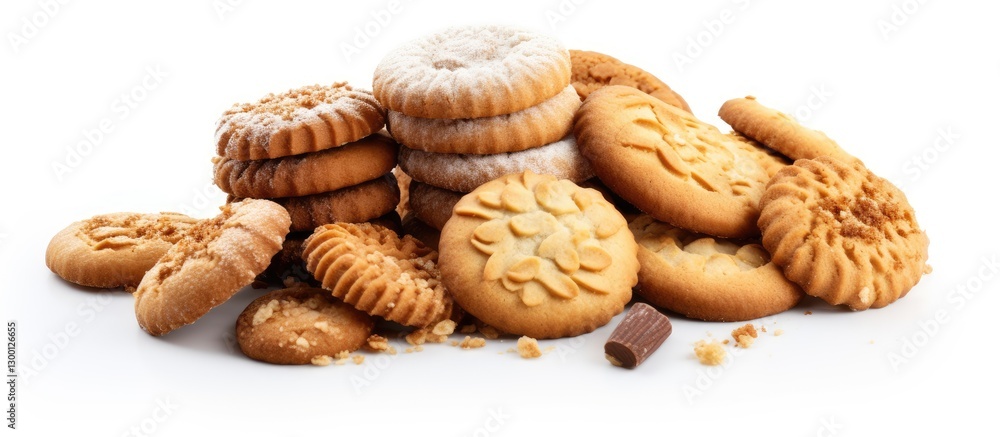 Poster Assorted cookies in various shapes stacked and scattered on a white background featuring beige, brown, and light tan colors with crumbs.