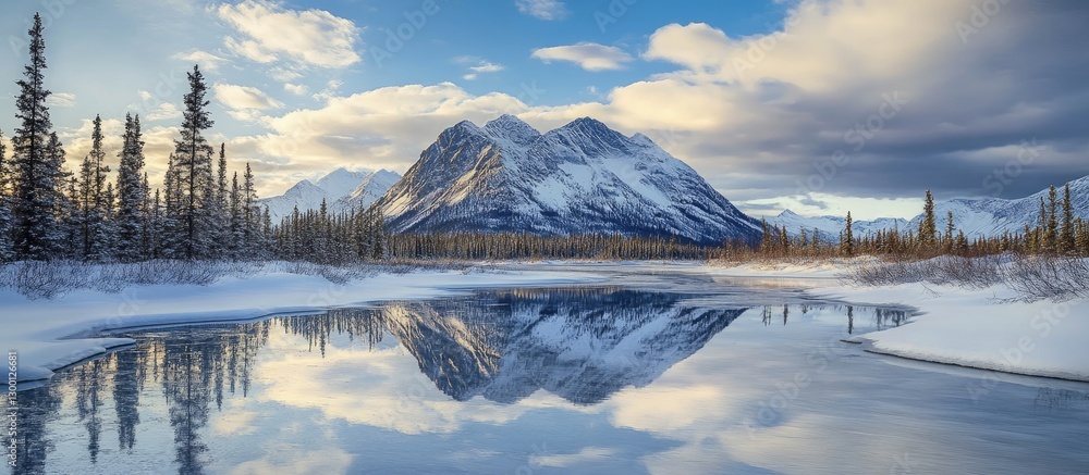 Poster serene winter landscape with snow-capped mountains reflected in a calm river under a blue sky with f
