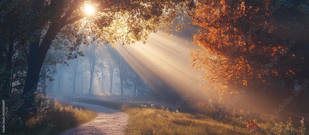 Poster serene forest path illuminated by morning sunlight with soft golden rays filtering through lush gree