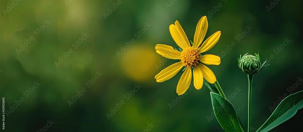 Poster yellow wildflower with open petals on a green blurred background highlighting its delicate features 