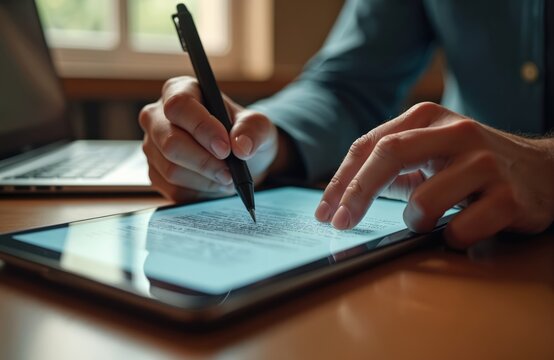 Close-up of digital contract signing on tablet with stylus pen by businessman hand. E-signature of online document using mobile device. Man fills form via touchscreen interface on table with notebook. - Powered by Adobe