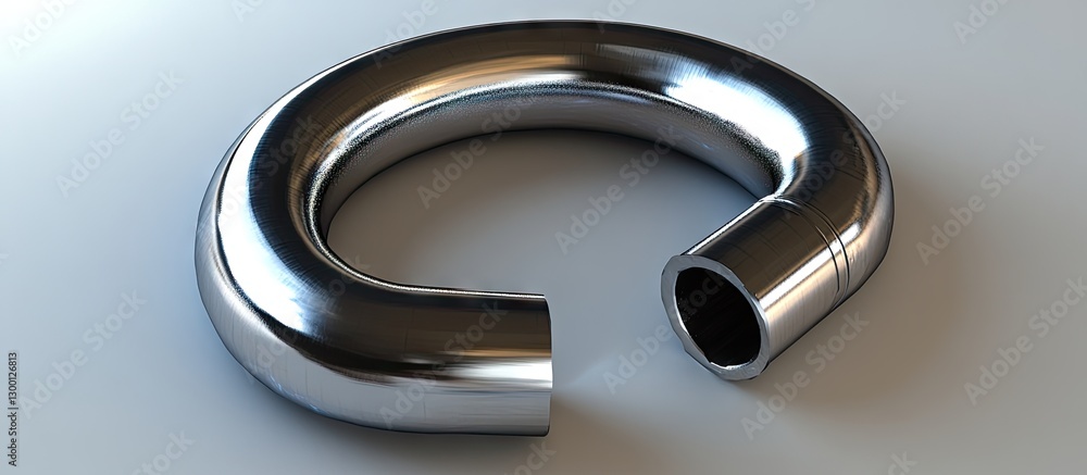 Poster Metal pipe bend with a glossy silver finish on a light gray background, showcasing its smooth curves and open end, positioned centrally.