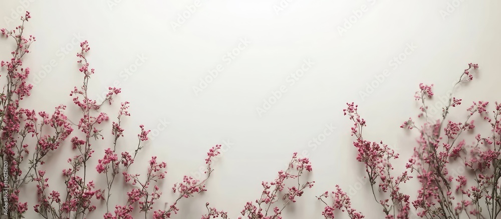 Poster Delicate pink blossoms arranged along the edges of a soft white backdrop creating ample empty space to enhance floral beauty and elegance