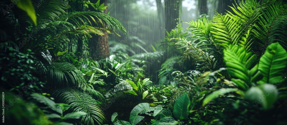 Poster lush tropical rainforest with dense green ferns and vibrant foliage in soft mist, creating a serene 